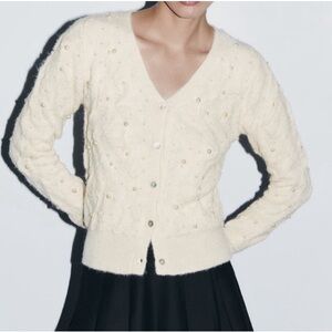 ZARA Cream Cable Knit Pearl Wool Cardigan Sweater